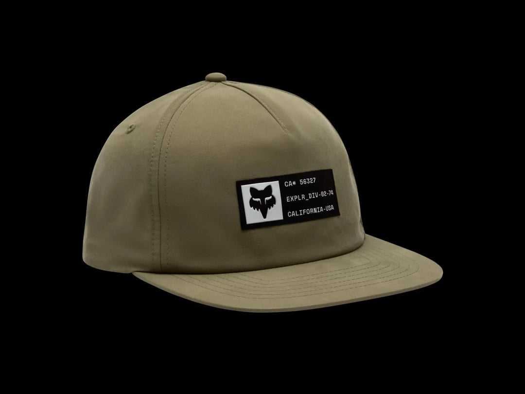 Tan outdoor cap with fox logo patch, ideal for trail adventures and coastal style