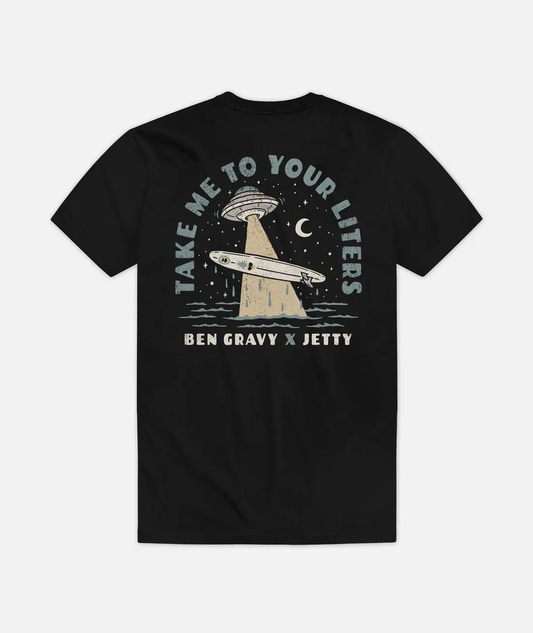 Black t-shirt with UFO abducting surfboard graphic, 'Take Me to Your Litters' text, Ben Gravy x Jetty collab