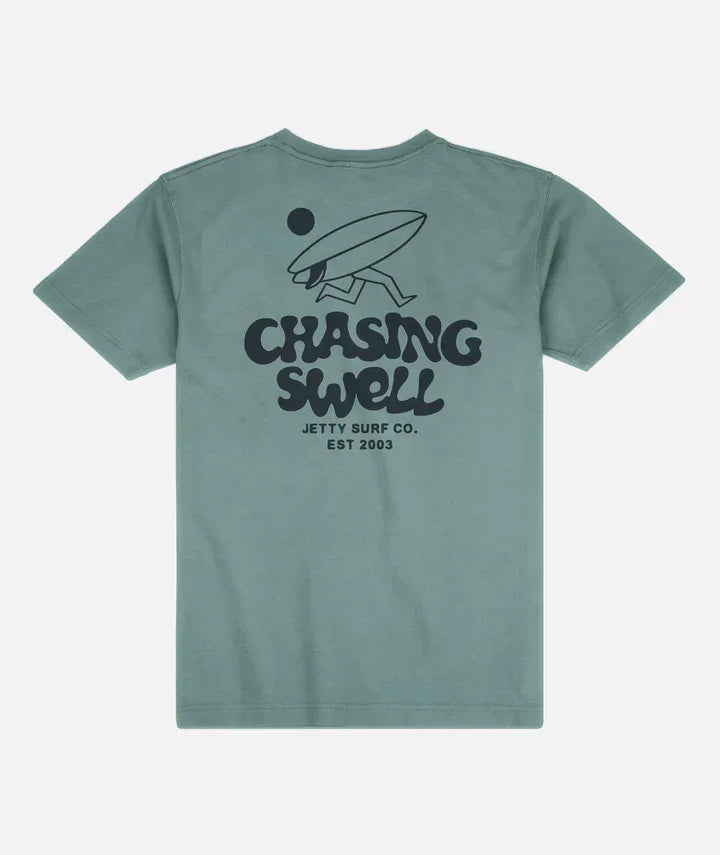 Chasing Swell surf graphic tee, coastal lifestyle apparel for beach and board adventures