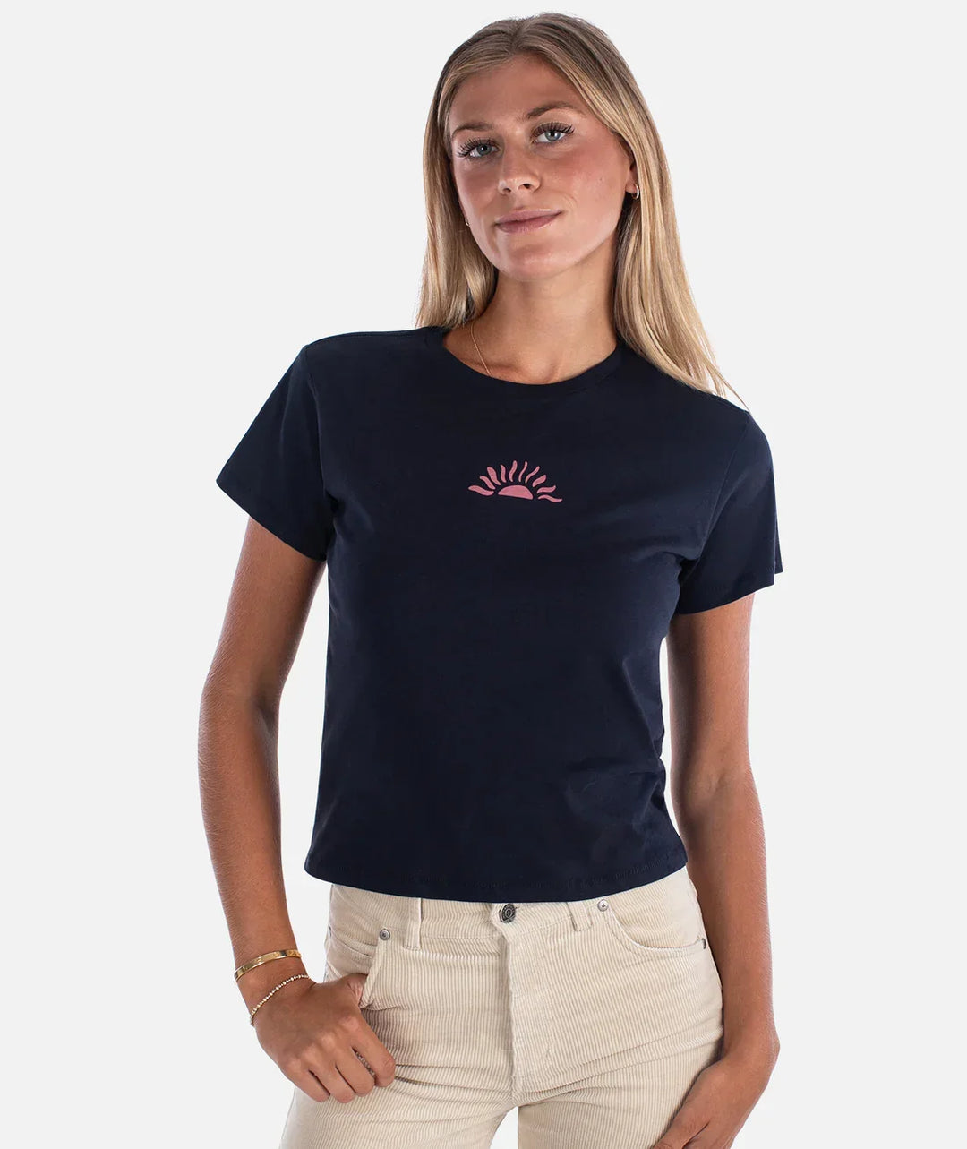 Navy crop tee with pink sunset graphic, perfect for coastal adventures and PNW weekends