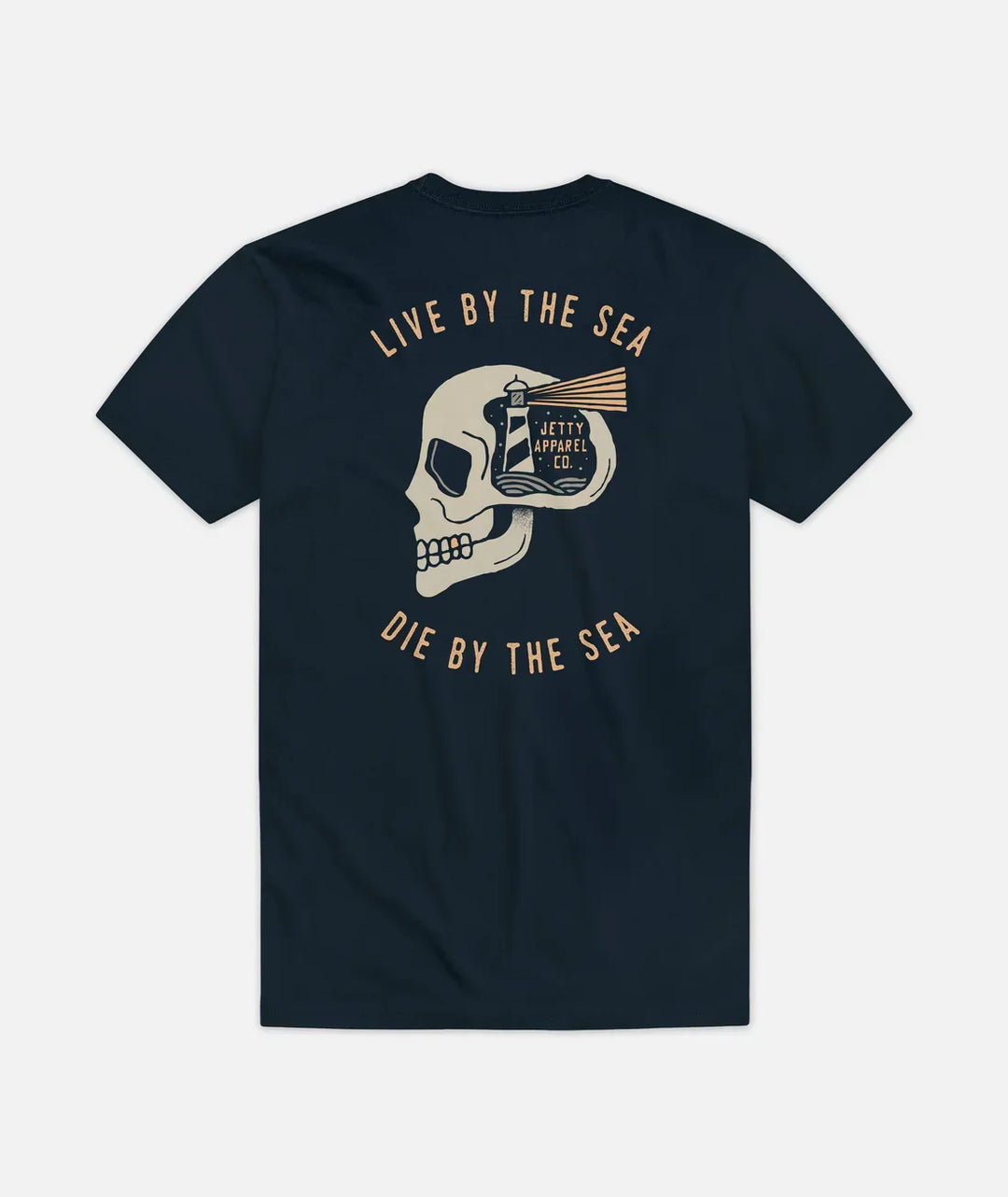 Navy t-shirt with skull and lighthouse graphic, 'Live by the Sea, Die by the Sea' text, coastal apparel design