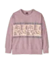 Pink crewneck sweater with geometric pattern, coastal outdoor style for PNW adventures