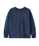 Navy blue crewneck sweatshirt with teal logo and sleeve text, coastal outdoor style