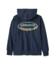Navy blue zip-up hoodie with colorful oval logo on back, perfect for coastal adventures and PNW outdoor style.