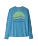 Blue long-sleeve shirt with mountain sunset graphic, perfect for PNW outdoor adventures and coastal style.