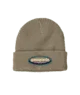 Tan cuffed beanie with embroidered oval logo, perfect for PNW outdoor adventures and coastal style.