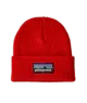 Red Patagonia beanie with logo patch, cozy winter hat for outdoor adventures