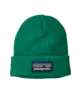 Green Patagonia beanie with logo patch, cozy winter hat for outdoor adventures