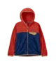 Red and navy blue hooded fleece jacket for outdoor adventures, perfect for PNW coastal style