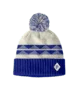 Blue and cream knit beanie with pom-pom and diamond pattern, perfect for PNW outdoor adventures