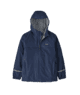 Navy blue hooded rain jacket with reflective trim, perfect for PNW outdoor adventures and coastal weather.