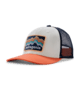 Orange and white trucker hat with mountain patch, perfect for PNW outdoor adventures and coastal style.