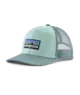 Light teal trucker hat with mountain patch, perfect for PNW outdoor adventures and coastal style.
