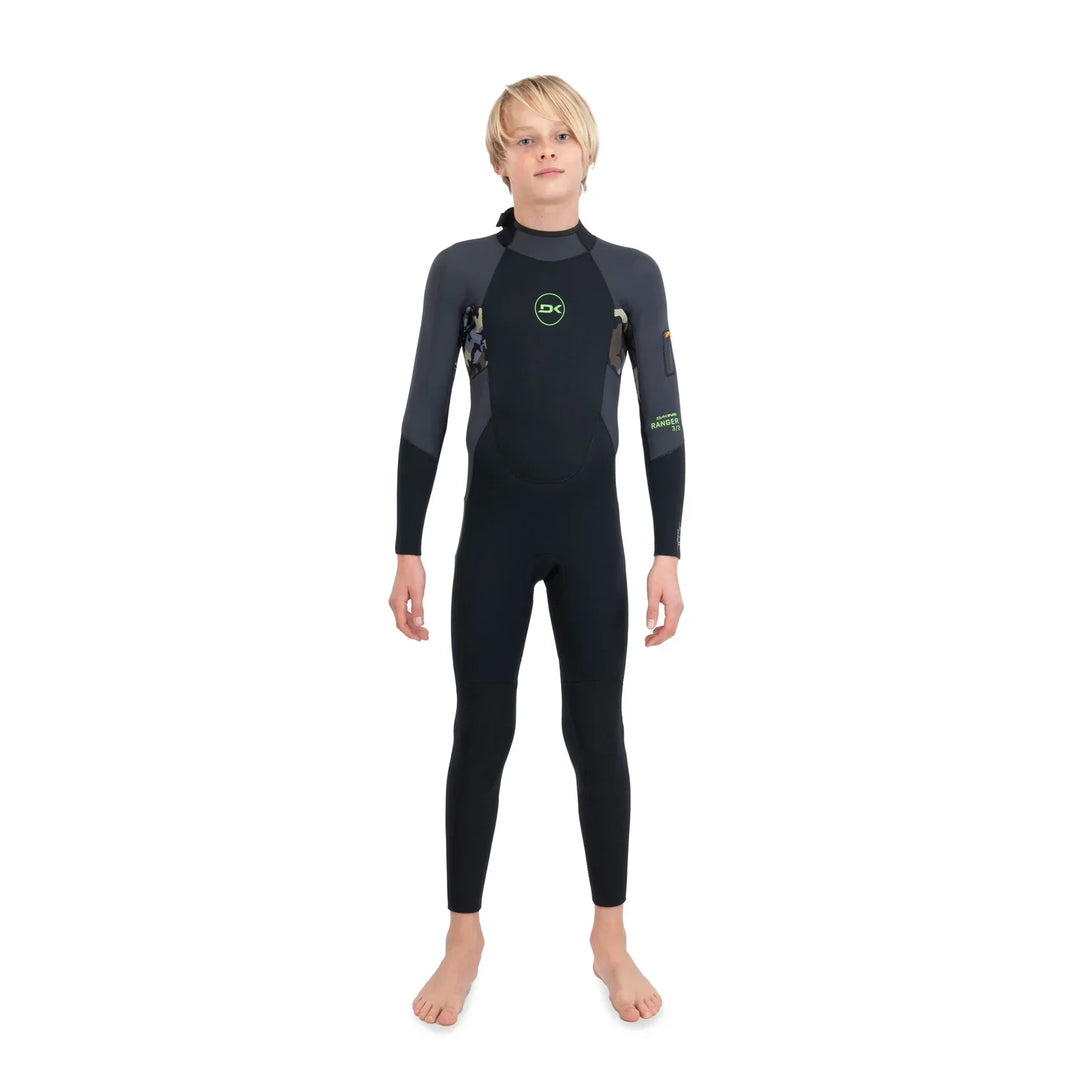 Youth full-sleeve wetsuit with camo panels and green logo, ideal for PNW coastal adventures and water sports.