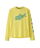 Yellow long-sleeve shirt with green fish graphic, perfect for coastal adventures and PNW outdoor style