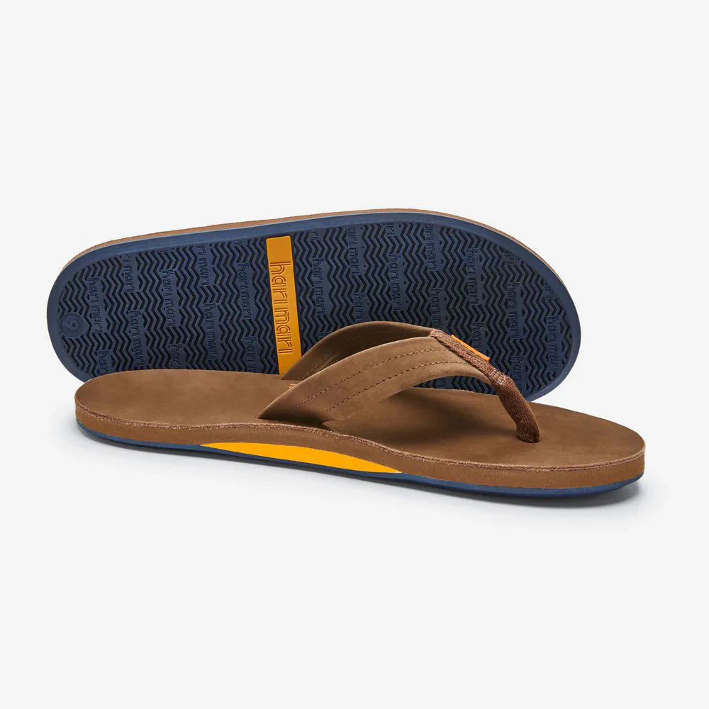 Brown suede flip flops with blue sole and orange accent, perfect for beach days and coastal adventures