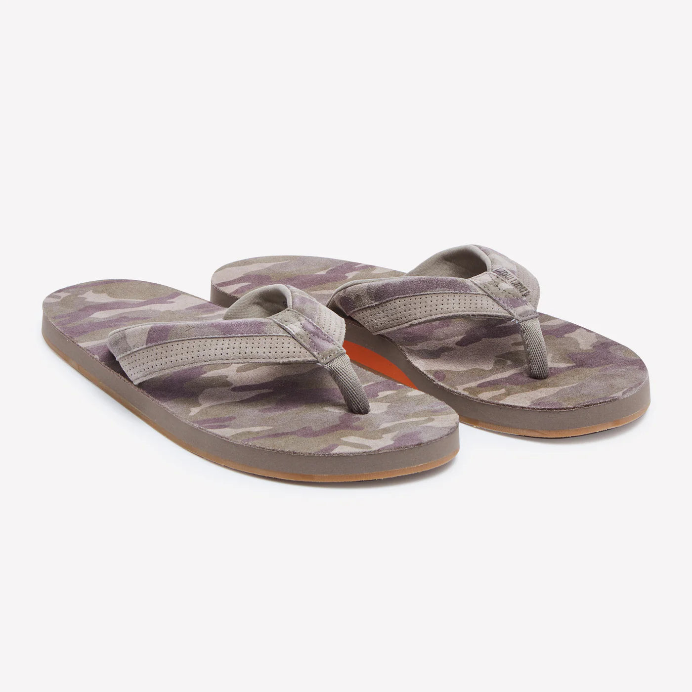 Camouflage flip flops with purple and gray tones, perfect for beach days and outdoor adventures.