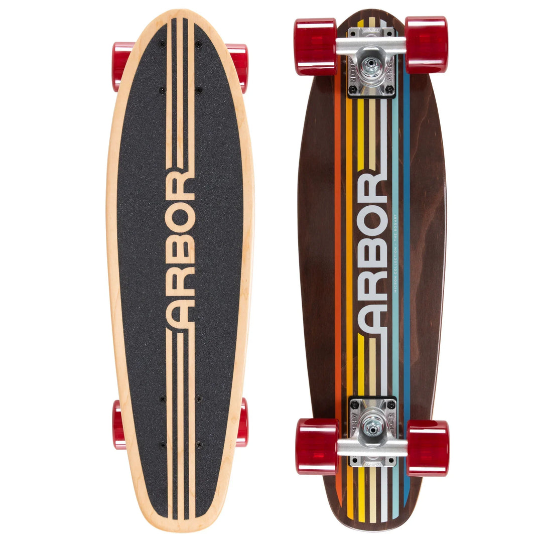 Top and bottom views of an Arbor Micron Bogart skateboard with red wheels and retro stripes.