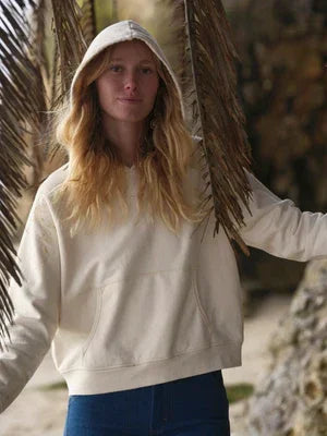 Cream hoodie for coastal adventures, perfect for beach days and PNW weekends