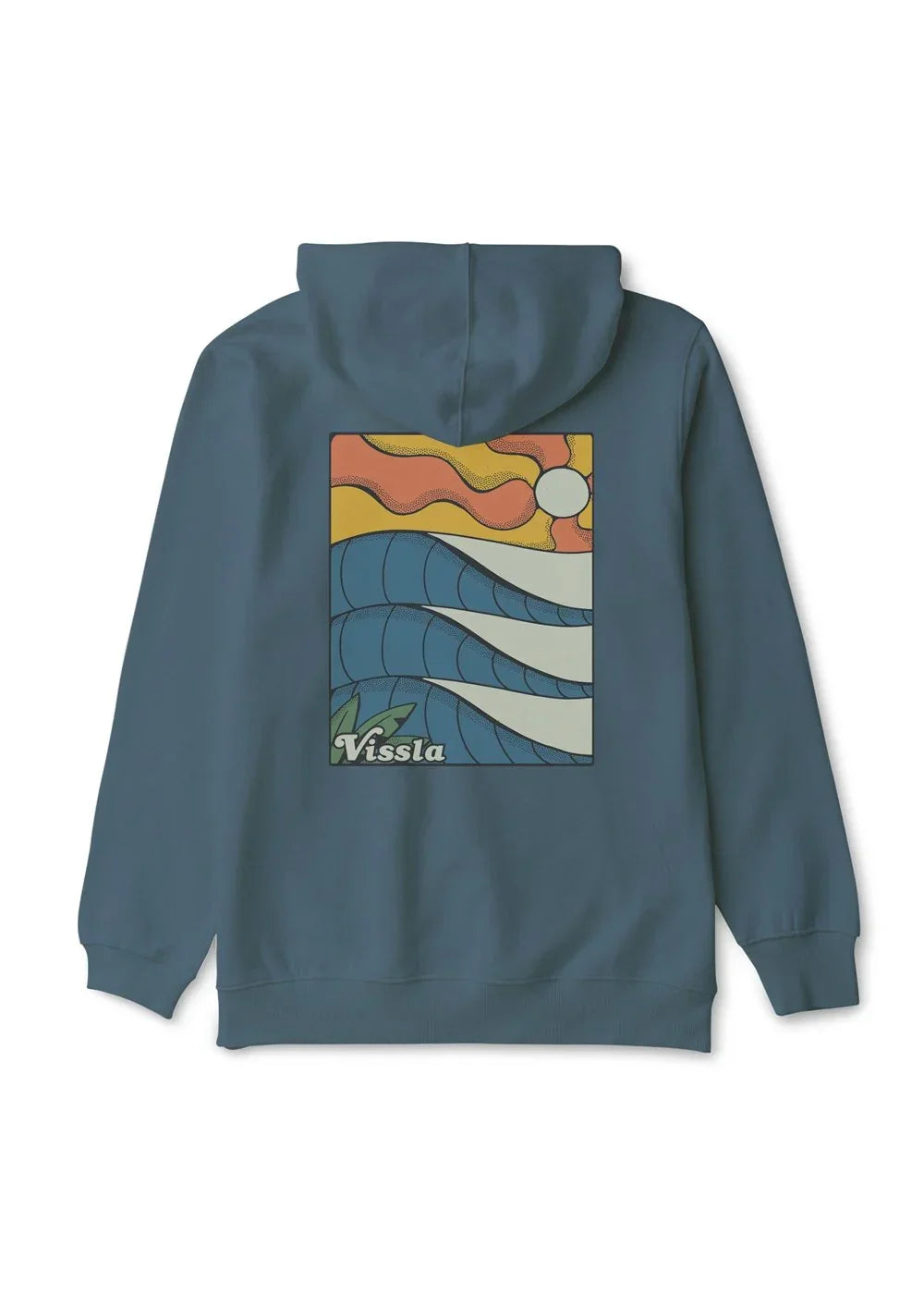 Blue hoodie with Vissla wave sunset graphic, coastal outdoor style apparel