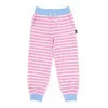 Pink and white striped kids' joggers with blue cuffs, perfect for coastal PNW adventures and everyday comfort.