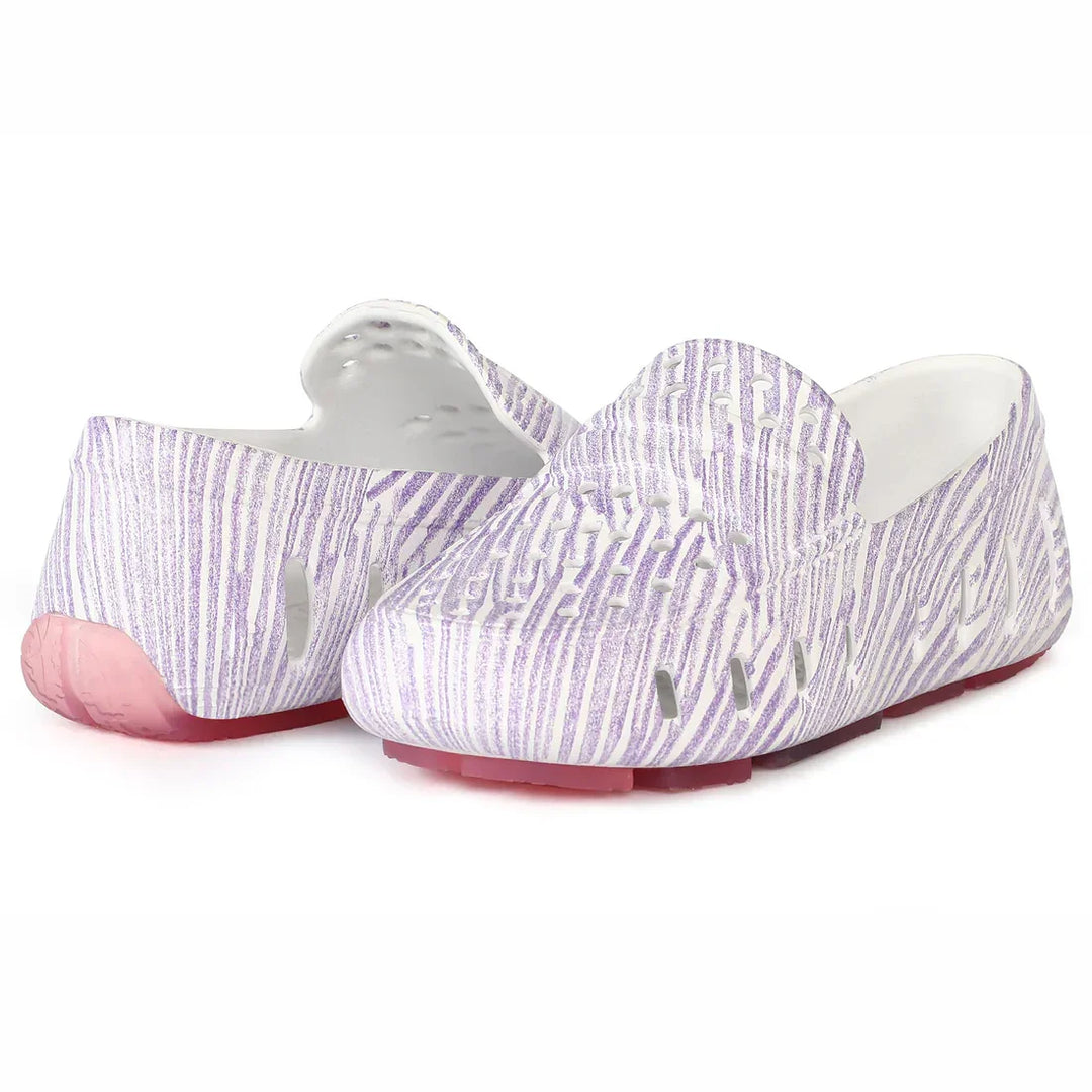 Purple and white striped slip-on water shoes with pink soles, breathable design for beach or pool use