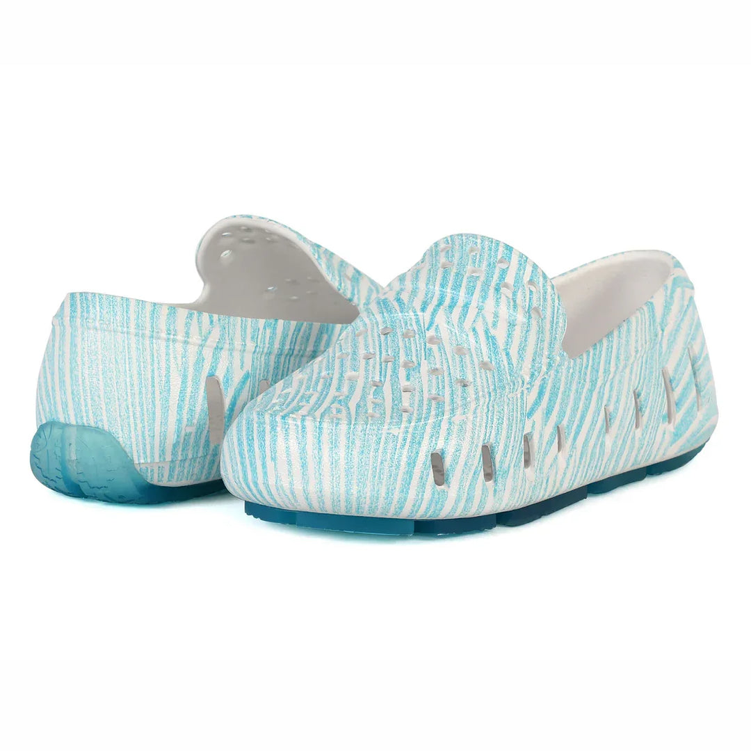 Light blue and white striped slip-on water shoes with breathable holes and rubber sole