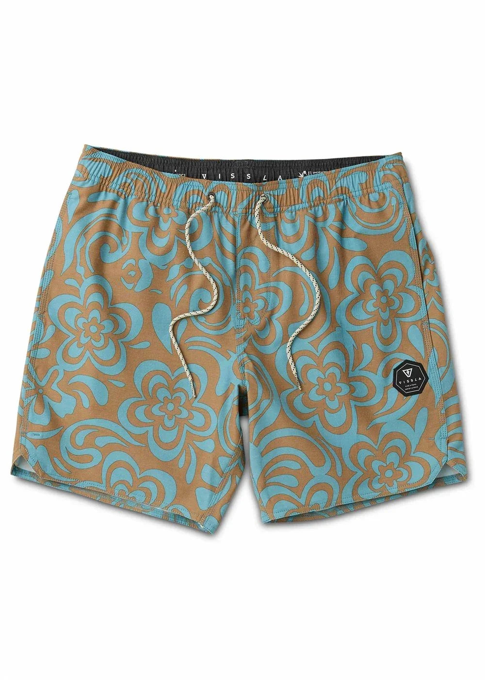 Tan and teal floral board shorts with drawstring waist, perfect for beach days and coastal adventures.