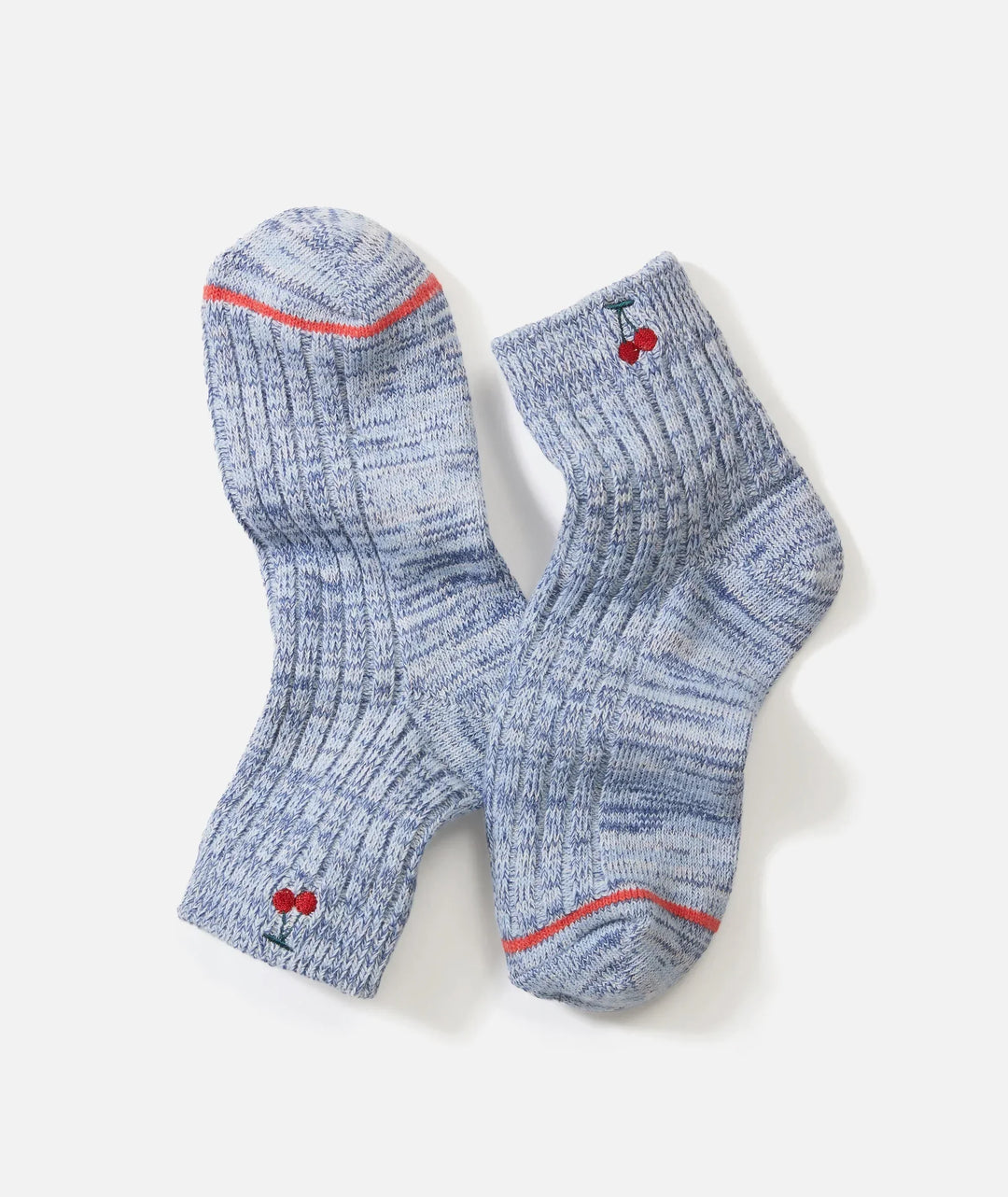 Blue marled knit socks with red cherry embroidery and orange trim, cozy outdoor lifestyle gear