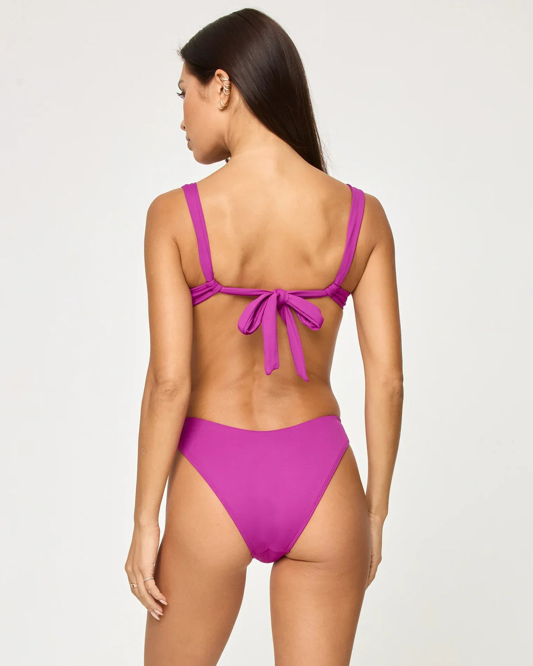 Purple bikini with tie-back top and high-cut bottoms, back view