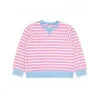 Pink and white striped kids sweater with blue trim, perfect for coastal PNW adventures