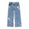 Light wash denim jeans with white star patches, perfect for coastal PNW adventures and casual beach days.