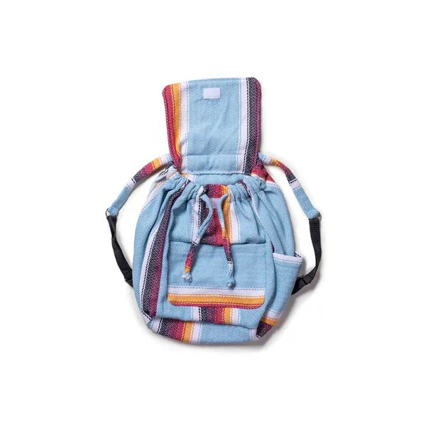 Light blue Senor Lopez Baja Backpack with colorful striped accents and drawstring closure