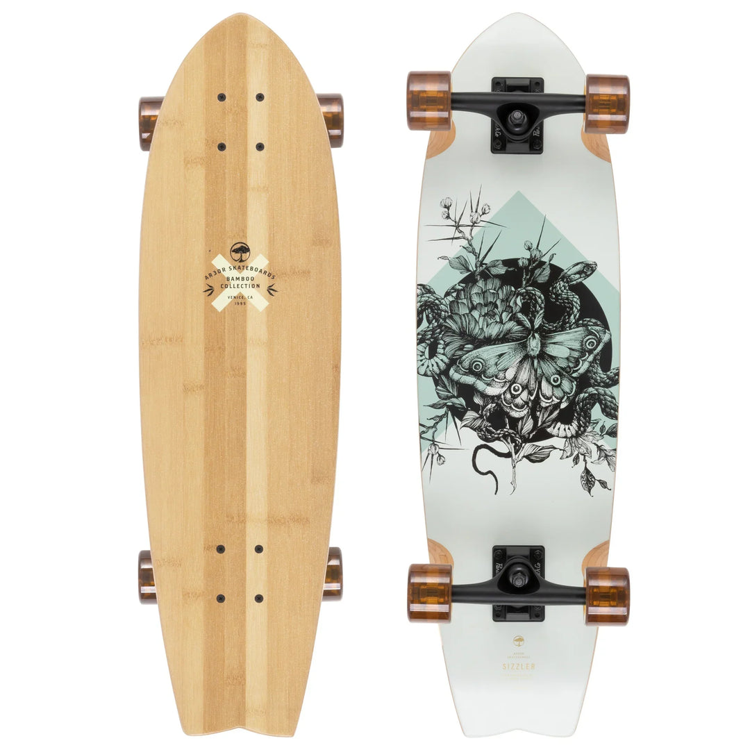 Bamboo longboard skateboard with floral graphic deck, ideal for coastal cruising and PNW adventures.
