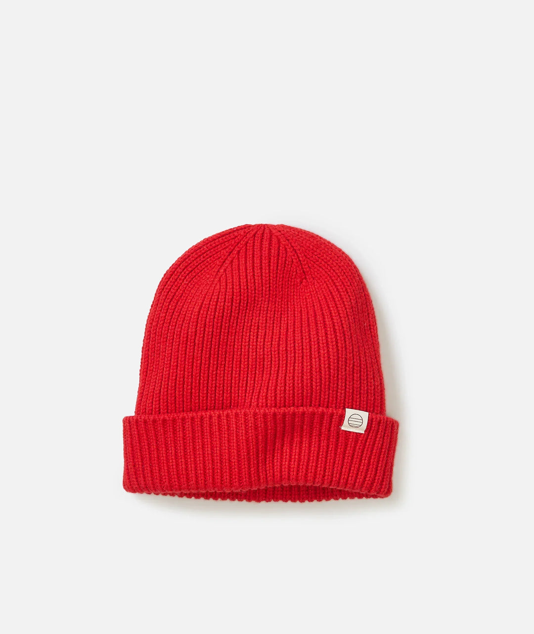 Red ribbed knit beanie with cuffed brim and small logo patch, ideal for PNW outdoor adventures.