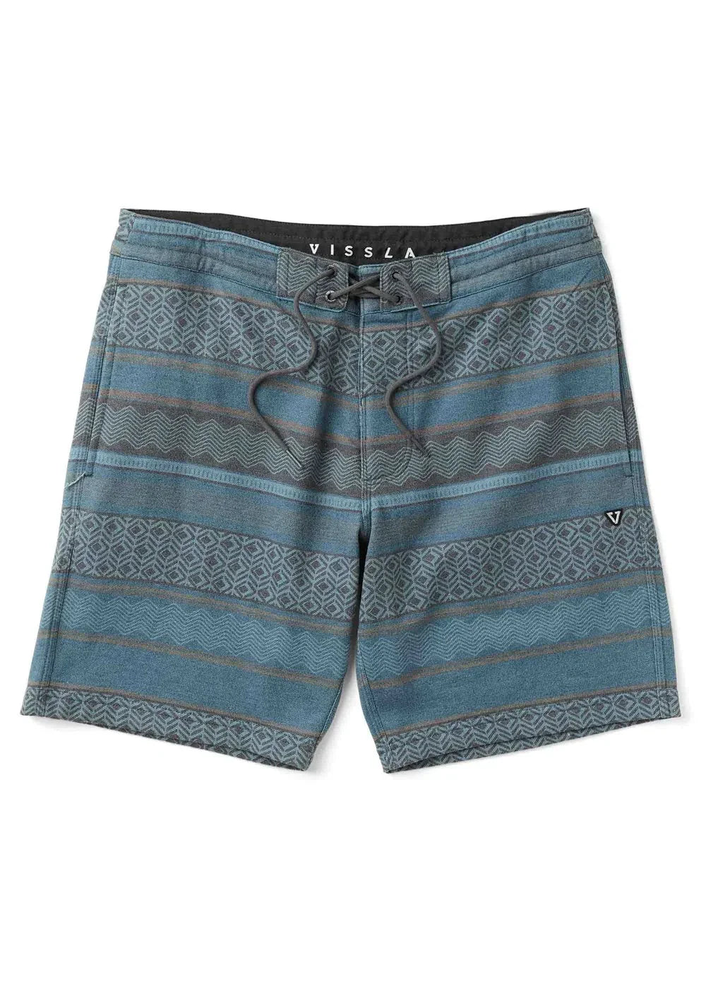 Blue patterned board shorts with geometric stripes and drawstring waist for beach and outdoor adventures