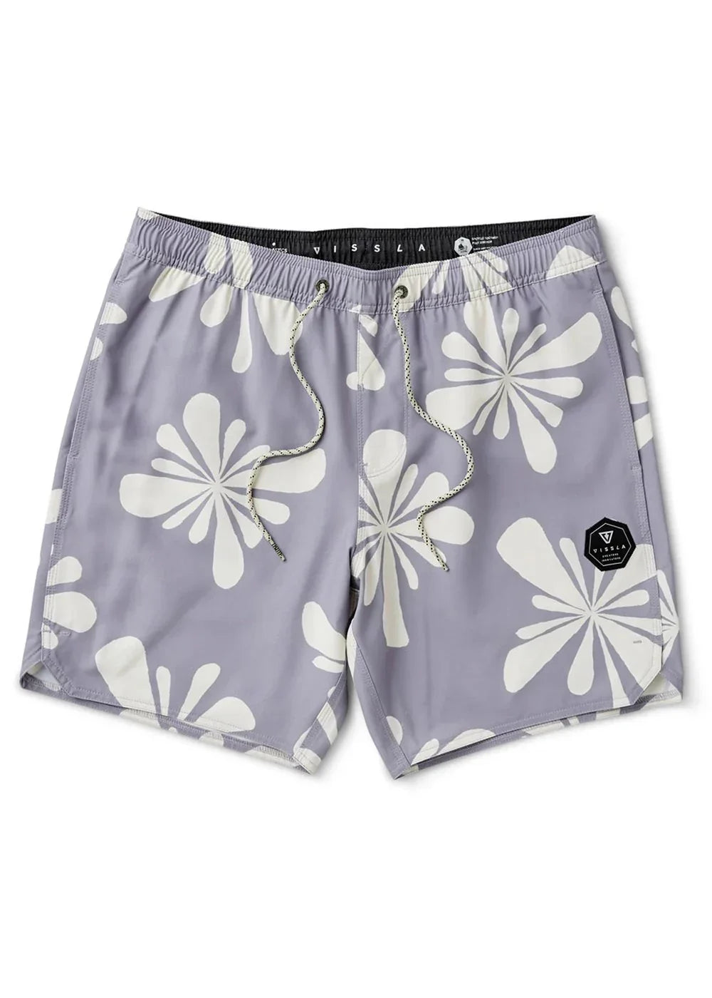 Lavender board shorts with white floral print, drawstring waist, and Vissla logo patch for beach and coastal adventures.