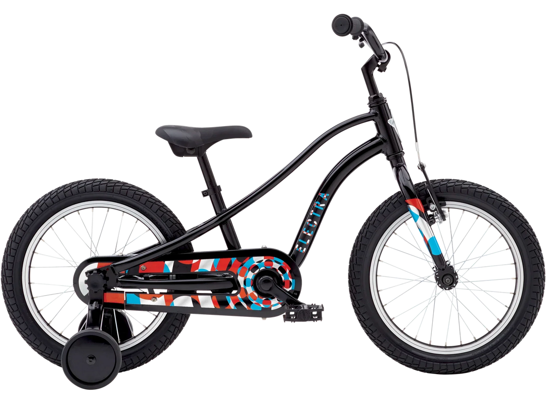 Black kids' bike with colorful Electra design and training wheels