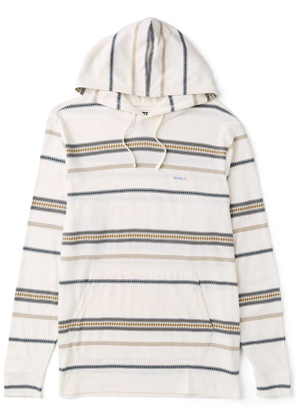 Cream hooded sweatshirt with blue and gold striped pattern, perfect for coastal PNW adventures.