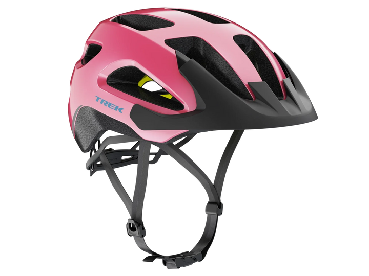 Pink Trek bike helmet with black accents and ventilation slots for cycling safety