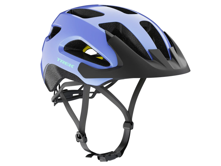 Blue Trek bike helmet with black accents and ventilation slots for cycling safety