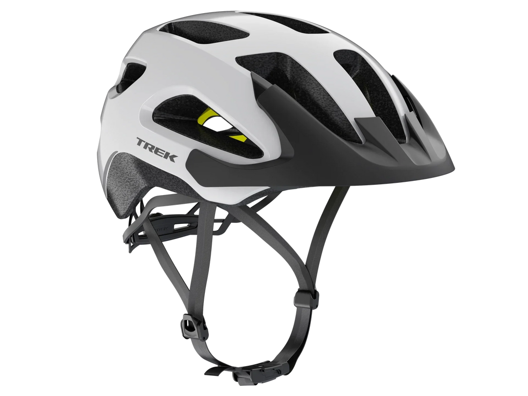 Trek bike helmet with white and black design, ventilation slots, and adjustable straps for cycling safety