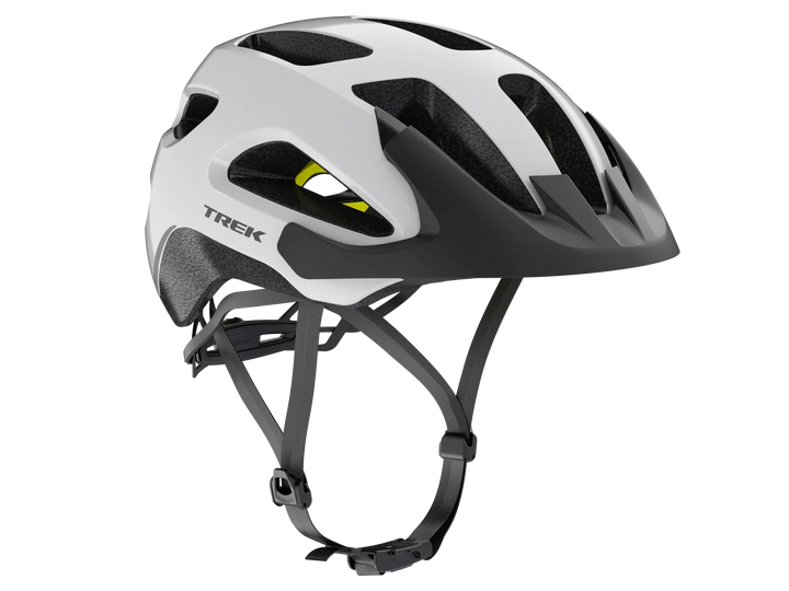 Trek bike helmet with white and black design, ventilation slots, and adjustable straps for cycling safety