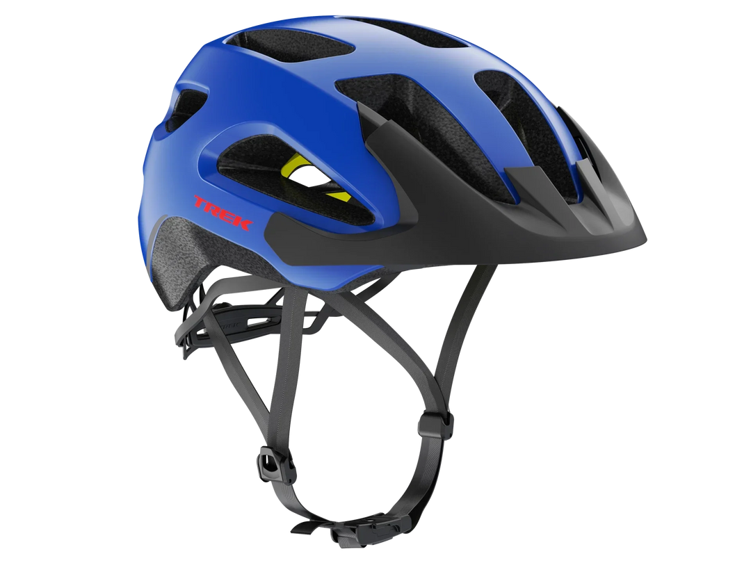 Blue Trek bike helmet with ventilation slots and adjustable straps for cycling safety