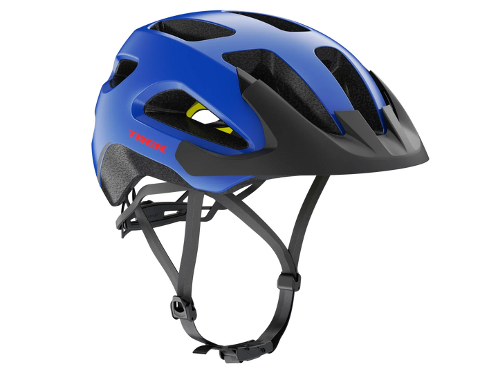 Blue Trek bike helmet with ventilation slots and adjustable straps for cycling safety