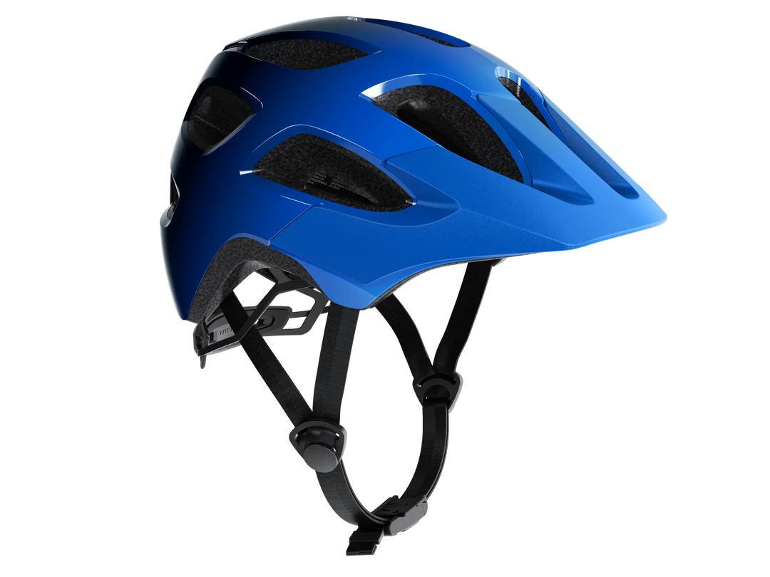 Blue mountain bike helmet with ventilation slots and adjustable straps for cycling safety