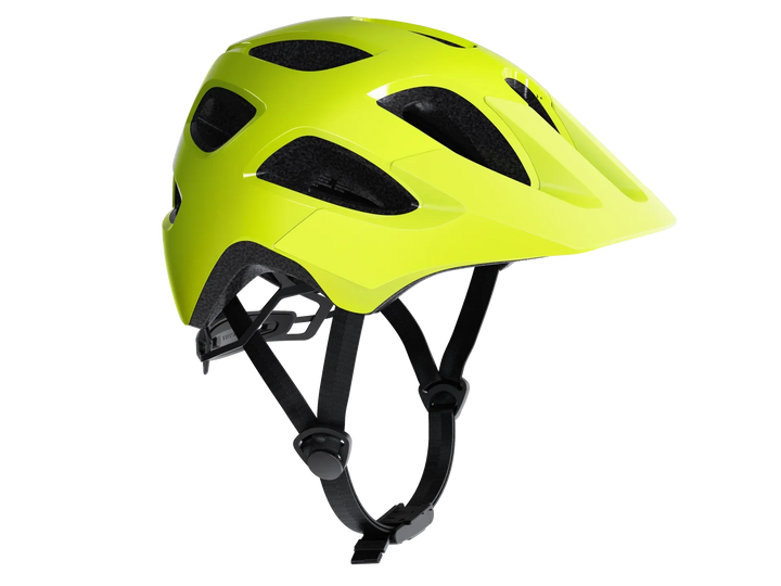 Bright yellow bike helmet with black straps and ventilation slots for safety and comfort