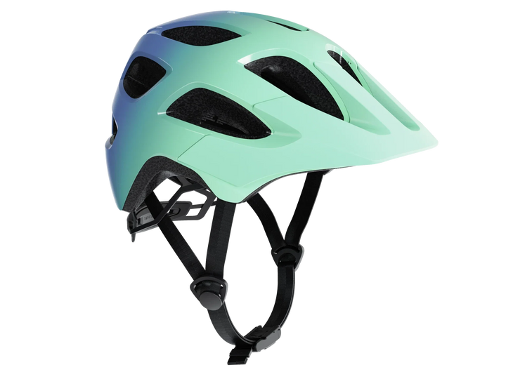 Mint and blue gradient bike helmet with black straps and ventilation slots