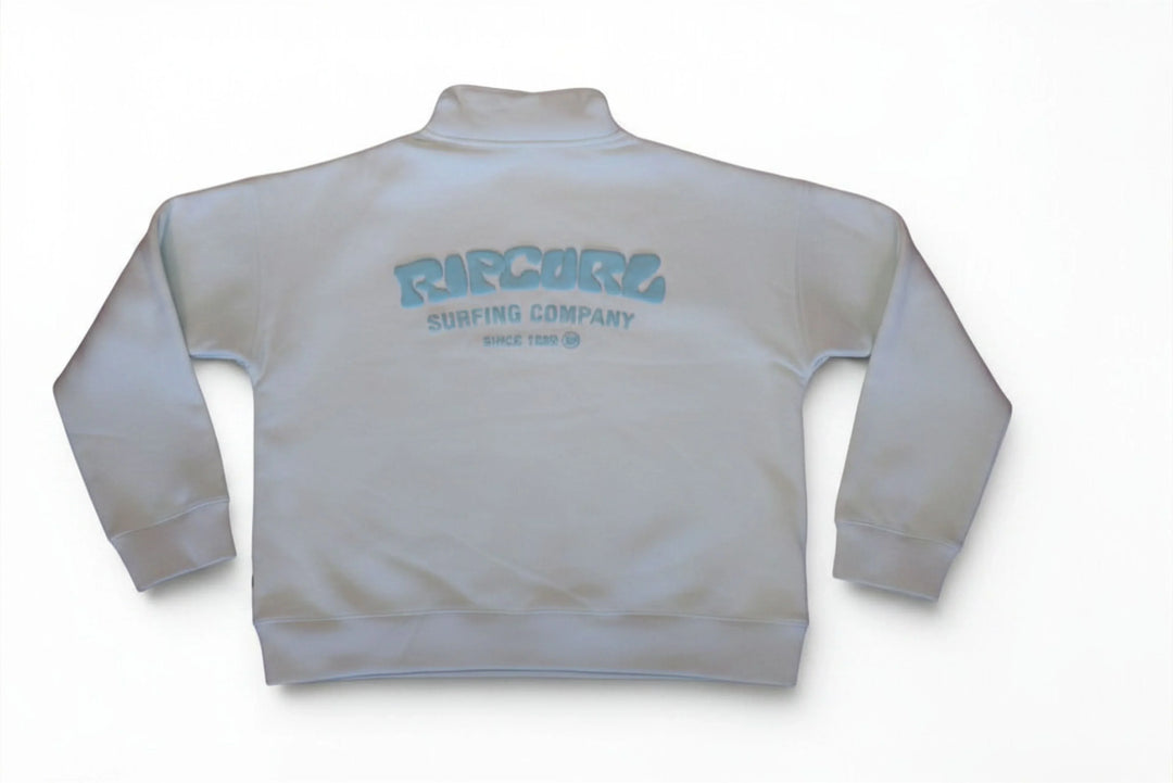 Gray Ripcurl Surfing Company sweatshirt with light blue logo, back view