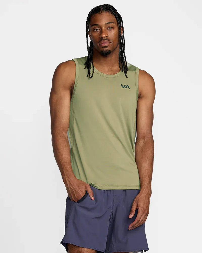 Men's olive green performance tank top with VA logo, ideal for outdoor adventures and coastal style.